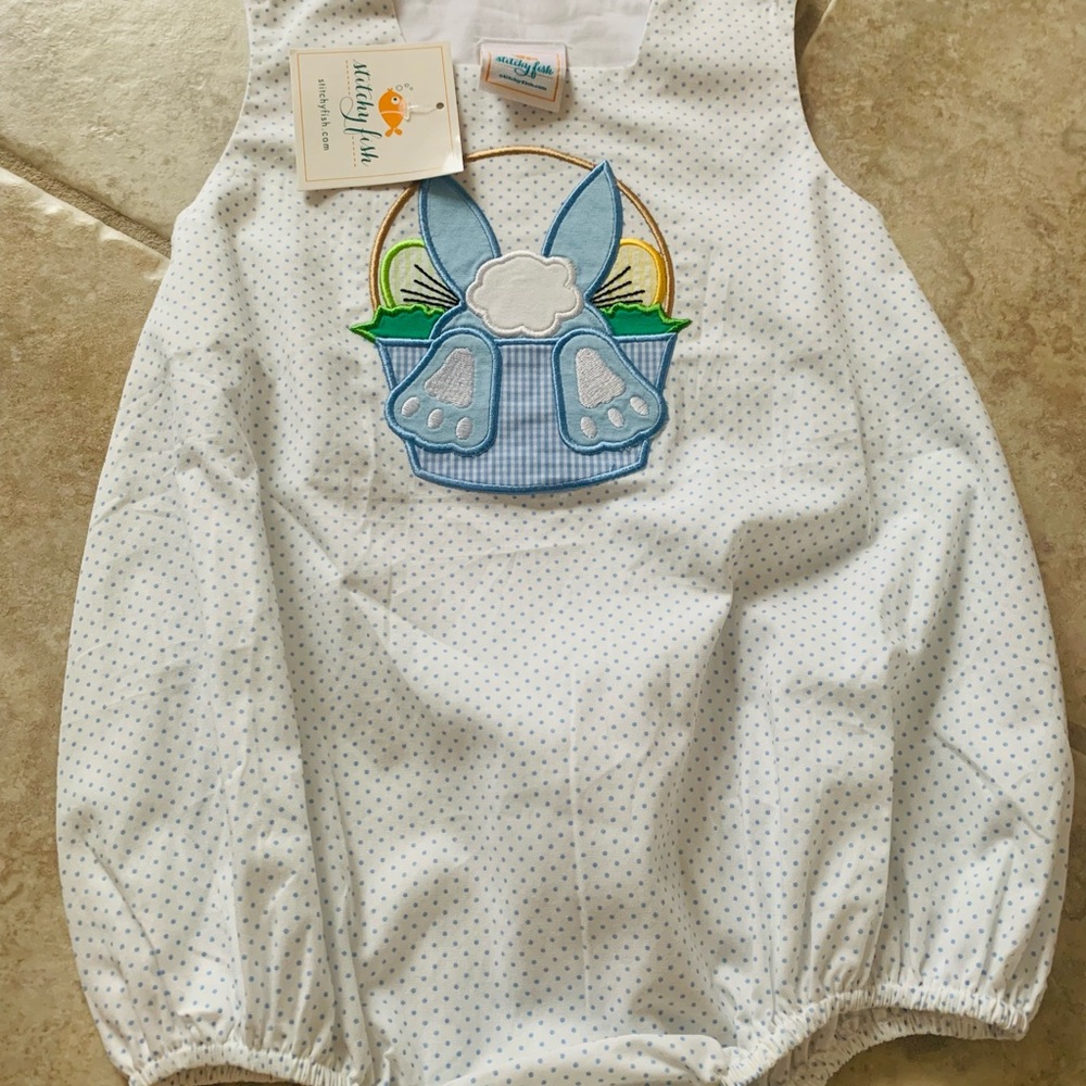 White Polka Dot Baby Romper with Bunny Design- Stichy Fish NWT